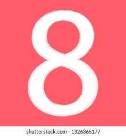 Vector figure eight in white color with slightly distorted outlines, as if drawn by chalk, on a coral red background. March 8 / International Women's Day design element.