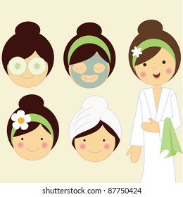 Vector figure and faces of girls standing in the spa or for therapy, massage for relaxation.