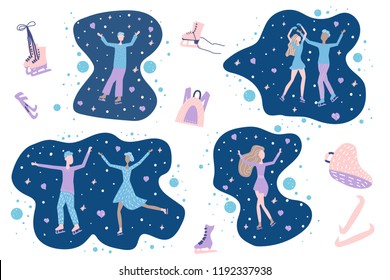 Vector figure skating characters and elements.  Set of illustration of athletes and sports equipment. Winter active entertainment.