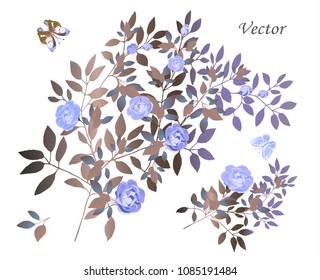 Vector. Figure twigs with leaves and flowers. Botanical illustration. Composition of blue roses and colorful leaves. A set of floral elements.