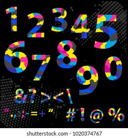 Vector Figures 1, 2, 3, 4, 5 6 7 8 9 0 in CMYK style and Thematic background for your design