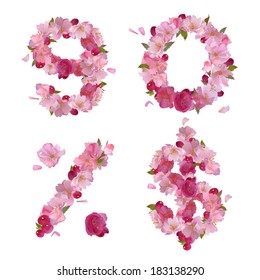 Vector figures 9,0 and signs % and $ with gentle pink spring sakura flowers
