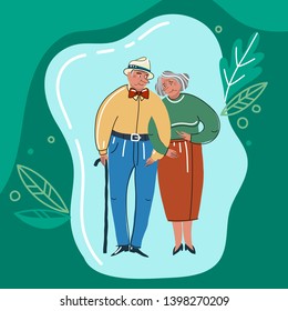 Vector figures of elderly people, men and women. Elder humans. Aged people. Grandparents are holding hands.