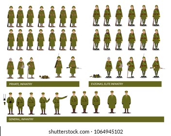 Vector figures of Greek army soldiers of the 1940 era (Greek-Italian war), infantry, elite infantry (evzones) and officers are included, figures are multiposed & with different heads for variety