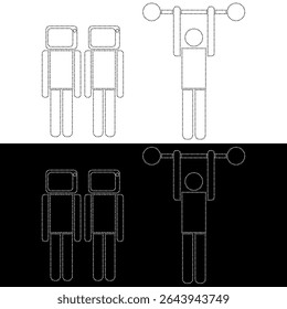 Image vectorielle de figurine d'homme soulevant une haltère, figurines avec téléviseurs au lieu de têtes, ligne pointillée couleur noir et blanc, style plat