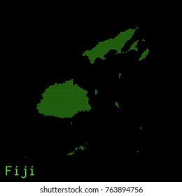 Vector Fiji map dotted silhouette with green dots on a black background (as on old ancient computers running DOS)