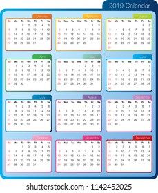 Vector file of 2019 calendar