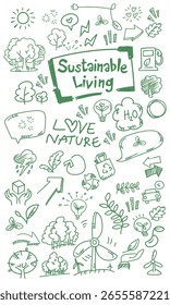 A vector file background featuring ecology-themed doodle drawings.