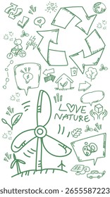 Um fundo de arquivo vetorial com desenhos de rabiscos com temas ecológicos.