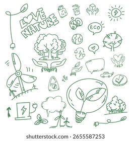 Um fundo de arquivo vetorial com desenhos de rabiscos com temas ecológicos.