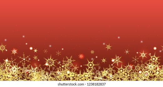vector file with beautiful falling snow flakes colored golden and lightning effects on seamless red colored background