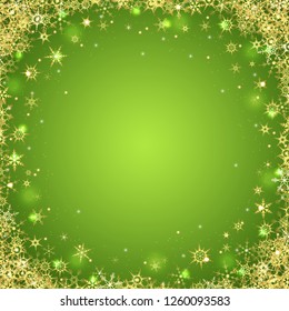 vector file with beautiful falling snow flakes colored golden and lightning effects on green colored background