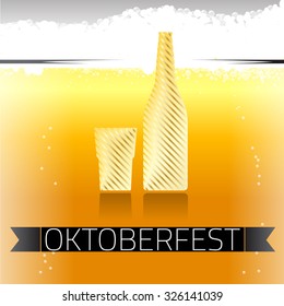 Vector file. Beer bottle and glass with beer liquid background