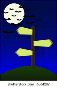 vector file of a blank direction sign(to put text on) on a top of a hill,on a creepy night with bats