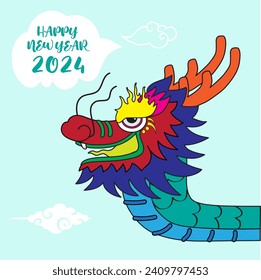 A vector file of colorful dragon illustration character with text Happy New Year 2024, and white chinese style cloud on light green background