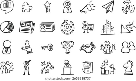 O arquivo de vetor contém um conjunto de ícones em estilo de rabiscar com um tema de conceito empresarial