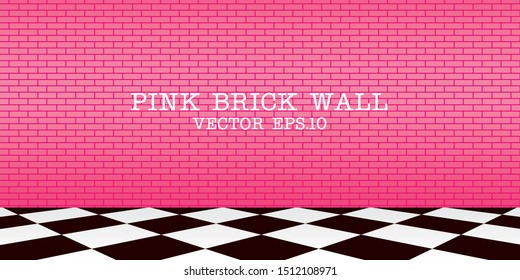 Vector file. Cute pink brick wall with chess pattern floor. Fashion and beauty scene.
