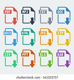 Conjunto de ícones de extensões de arquivo vetorial: pdf, mp3, txt, doc, docx, html, jpg, zip, csv, ppt, xls, rar