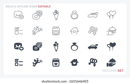 A vector file featuring solid and outline icon sets inspired by wedding themes.