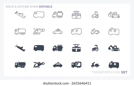 A vector file featuring solid and outline icon sets inspired by transportation themes.