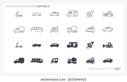 A vector file featuring solid and outline icon sets inspired by transportation themes.