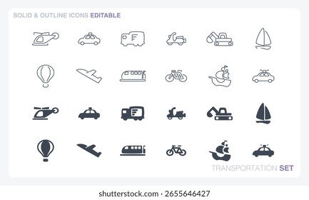 A vector file featuring solid and outline icon sets inspired by transportation themes.