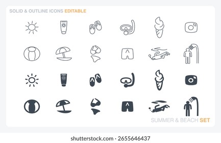 A vector file featuring solid and outline icon sets inspired by summer and beach themes.