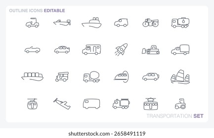 A vector file featuring solid and outline icon sets inspired by transportation themes.