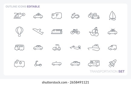 Um arquivo de vetor com conjuntos de ícones sólidos e de estrutura de tópicos inspirados em temas de transporte.