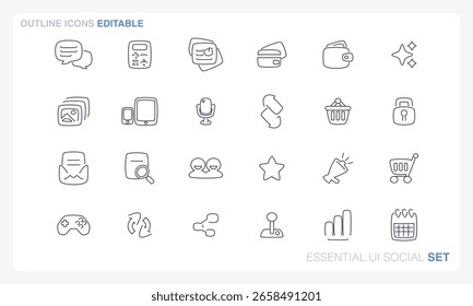 A vector file featuring solid and outline icon sets with an essential UI and social theme.