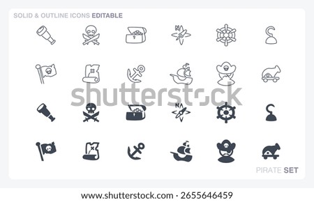 A vector file featuring solid and outline icon sets with a pirate theme.