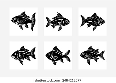 Vektorgrafik einer Fischsilhouette in Schwarz, mit schlichten, klaren Linien und minimalen Details, geeignet für Logos, Icons oder Grafikdesign-Projekte.