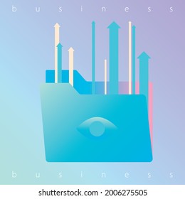 A vector file folder with an eye on it. Outgoing arrows. It symbolizes business, success, goal, employment, mission. For the design of materials, social networks and banners.