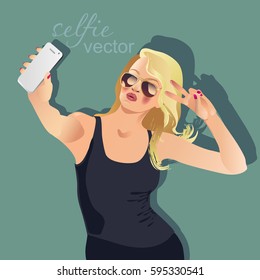 Vector file. Girl makes a selfi. On a blue background with stars. The inscription selfie is dangerous