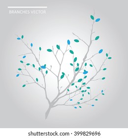 Vector file: Grey branch with the colorful blue and green leaves