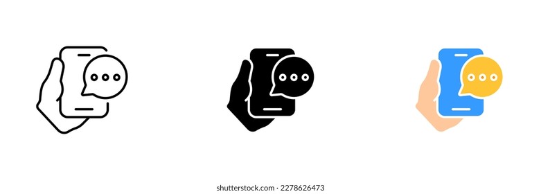 Un archivo vectorial con una imagen de un teléfono y una burbuja de voz, que representa los mensajes. Conjunto vectorial de iconos en línea, de color y negro aislados.