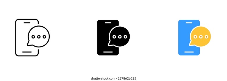 A vector file with an image of a phone and a speech bubble, representing messages. Vector set of icons in line, black and colorful styles isolated.