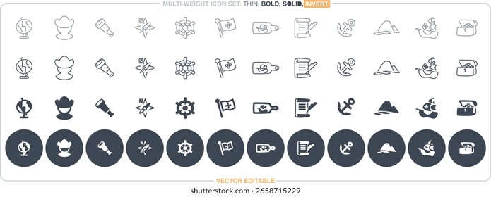 O arquivo de vetor inclui ícones do Dia de Colombo nos estilos sólido e de contorno e é totalmente editável.