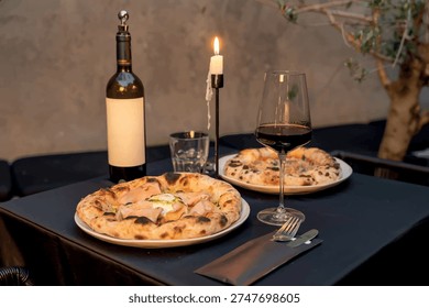 Vector file Italian Pizza with Red Wine on Rustic Wooden Table