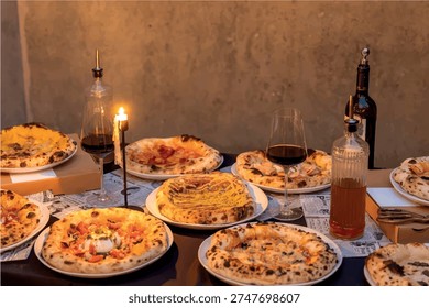 Vector file Italian Pizza with Red Wine on Rustic Wooden Table