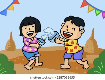 Vector file line art freehand drawing depicting Thai New Year festival play.