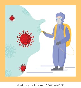 Vector file made on Adobe illustrator. Its an image where a man with hazmat suit trying to disinfection virus. 