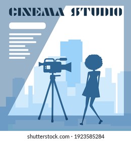 Archivo vector. Estudio de cine. Los actores son filmados en el contexto de la ciudad. Ilustración con texto.