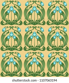 vector file - sample of tiles with blue flowers on yellow background, style modern. Can be used as a seamless pattern