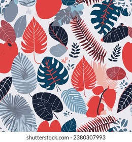 The vector file is a seamless pattern of jungle leaves in shades of red, blue, and white. The leaves are arranged in a random yet aesthetically pleasing manner.