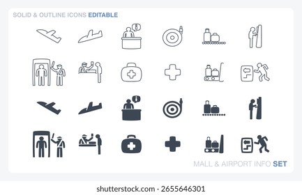 O arquivo vetorial do conjunto de ícones sólido e de contorno que pode ser editado para temas de informação de shopping e aeroporto.