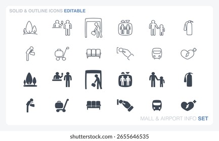 The vector file of solid and outline icon set that can be edited for mall and airport information themes.