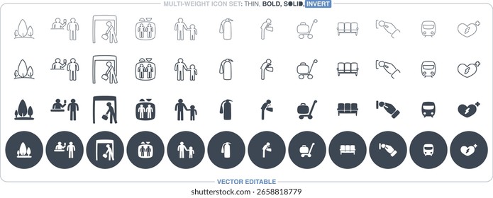 The vector file of solid and outline icon set that can be edited for mall and airport information themes.
