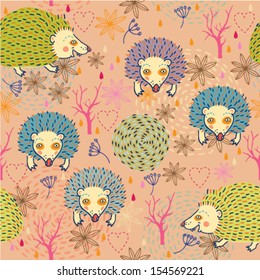 Vector file of sweet romantic hedgehogs walking in fantasy forest.
