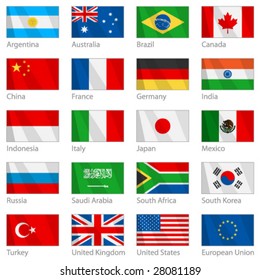 Vector file of waving G-20 flags with border. G-20 countries - major economies of the world. (G8)